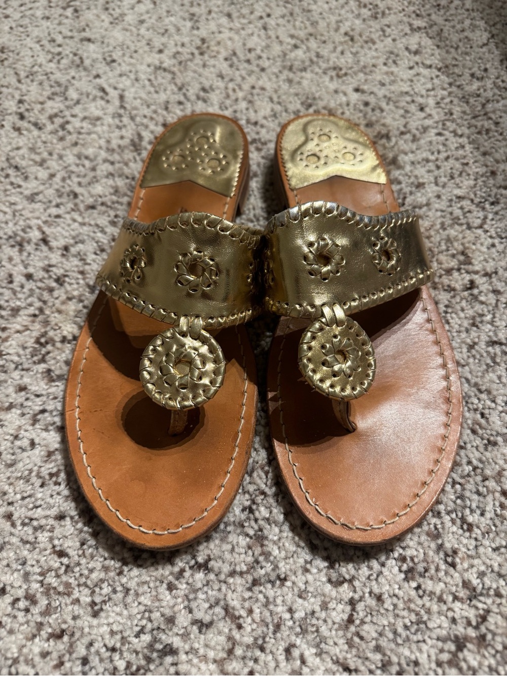 Jack Rogers Gold Leather Thong Sandals with Medallion